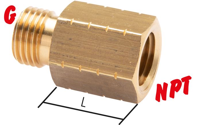 Exemplarische Darstellung: Reduziernippel mit G-Gewinde / NPT-Gewinde, Messing